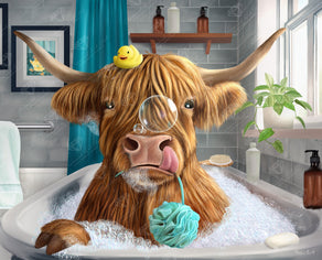 Diamond Painting Highland Cow Bubble Bath 27" x 22" (68.8cm x 55.6cm) / Round With 58 Colors Including 2 ABs and 4 Fairy Dust Diamonds / 50,500